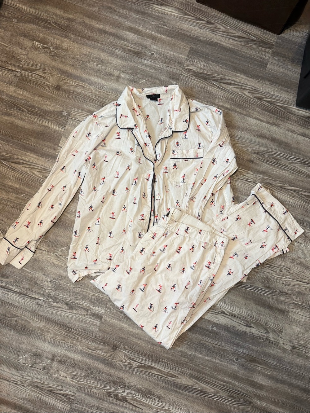J. Crew White Button Pajama Set with Red and Navy Ski Motif
